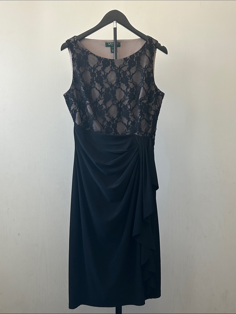 Ralph Lauren Black Lace Bodice Draped Cocktail Dress